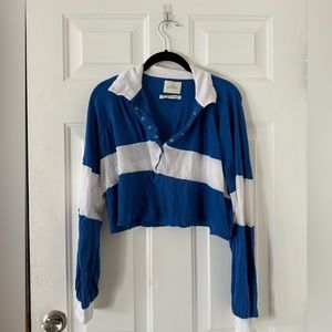 UO Blue & White Striped Cropped Long Sleeve Polo
